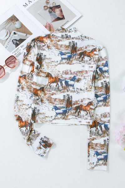 Western Wild Horses Print Cut-out High Neck Top